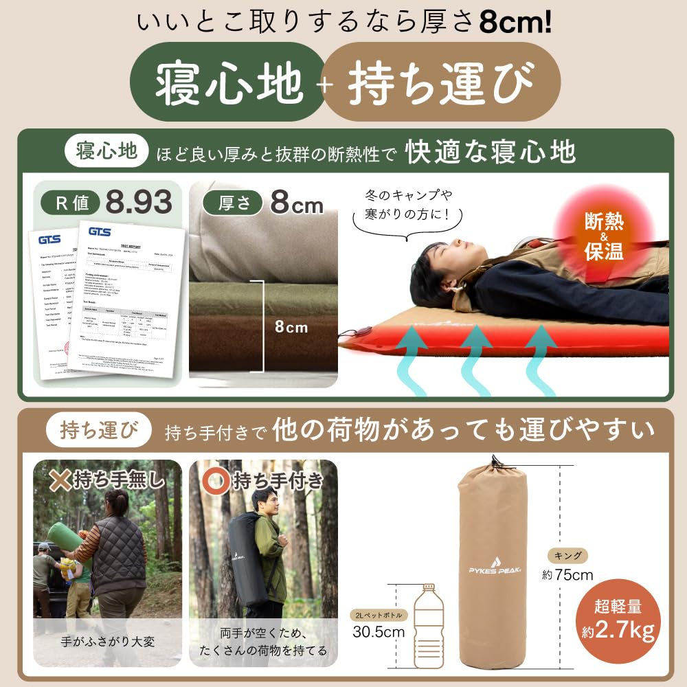 PYKES PEAK Camping Mat Inflator Mat 8cm Suede backing Spacious use Car sleeping mat Storage bag included Repair sheet included Inflator mat that can