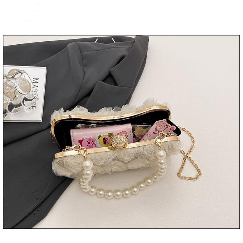 Wedding Evening Clutch Romantic Metal Chain Crossbody Bag Pearl Handle Clutch Elegant Lace Flower Evening Bag For Wedding