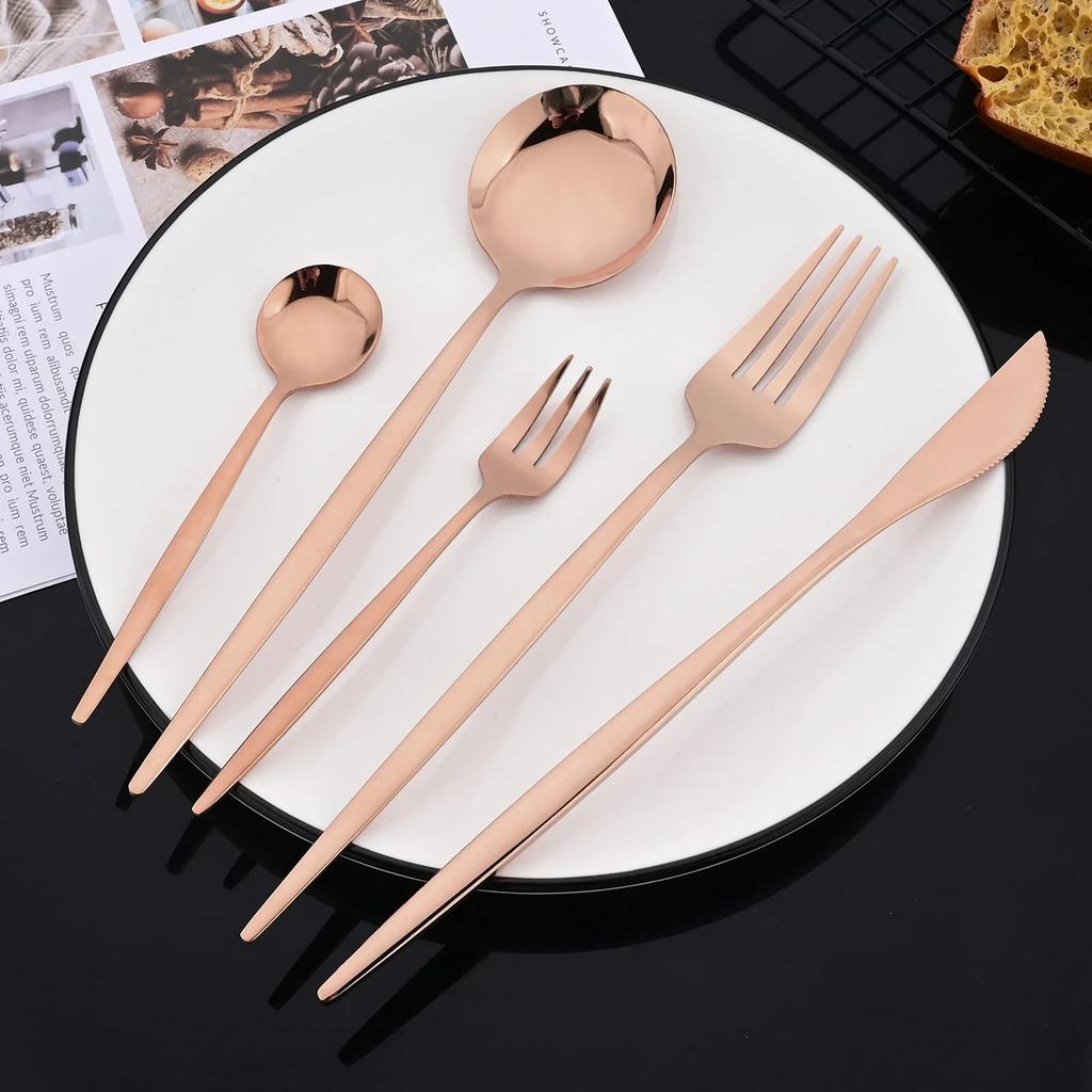 20Pcs Rose Gold Stainless Steel Flatware Cutlery Set - Modern Mirror Finish Dinnerware Set Perfect for Home Restaurant & Wedding