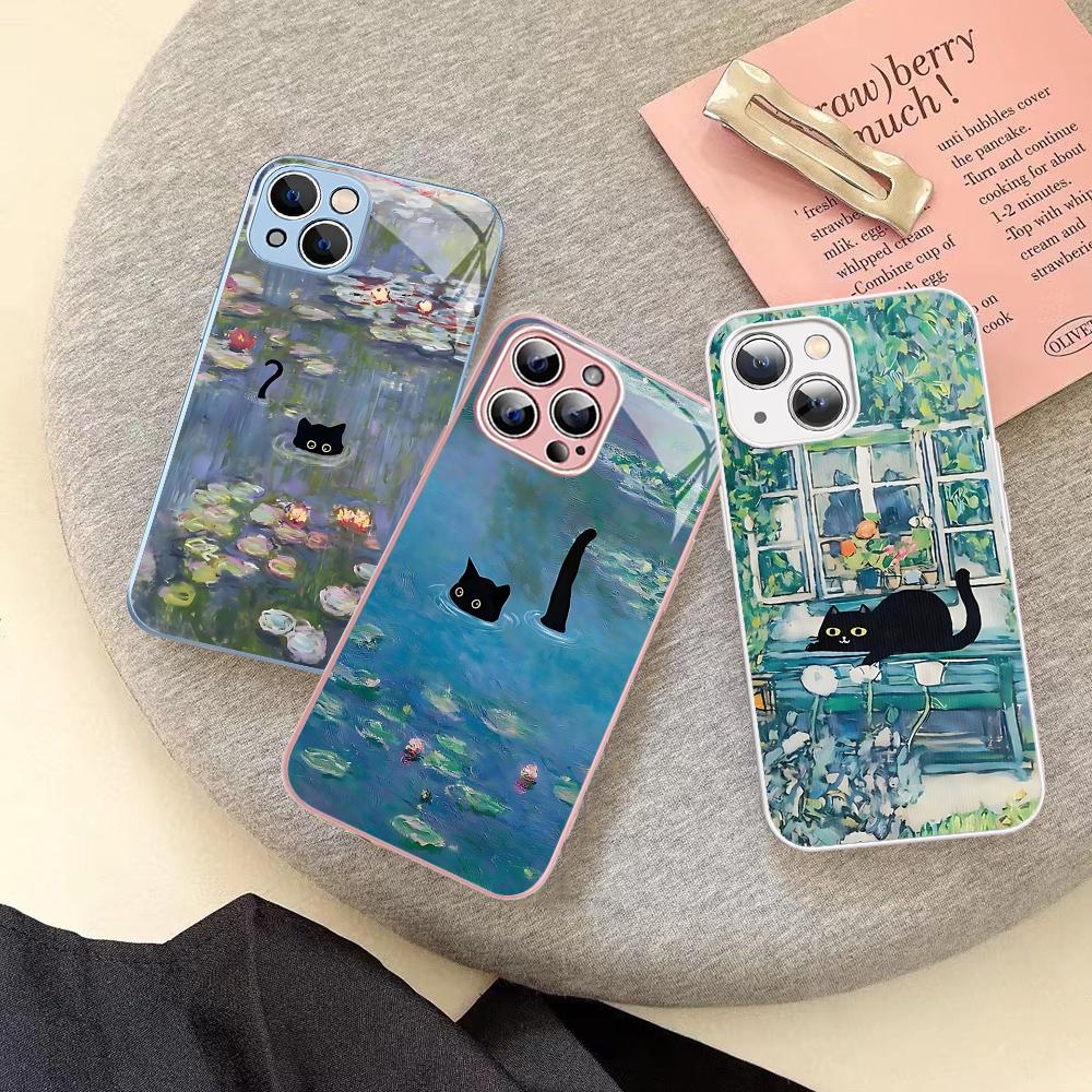 Cartoon Animal Black Cat Oil Painting Phone Case Tempered Glass For Iphone 14 13 12 11 Pro Mini XS MAX 14Plus X XS XR Fundas
