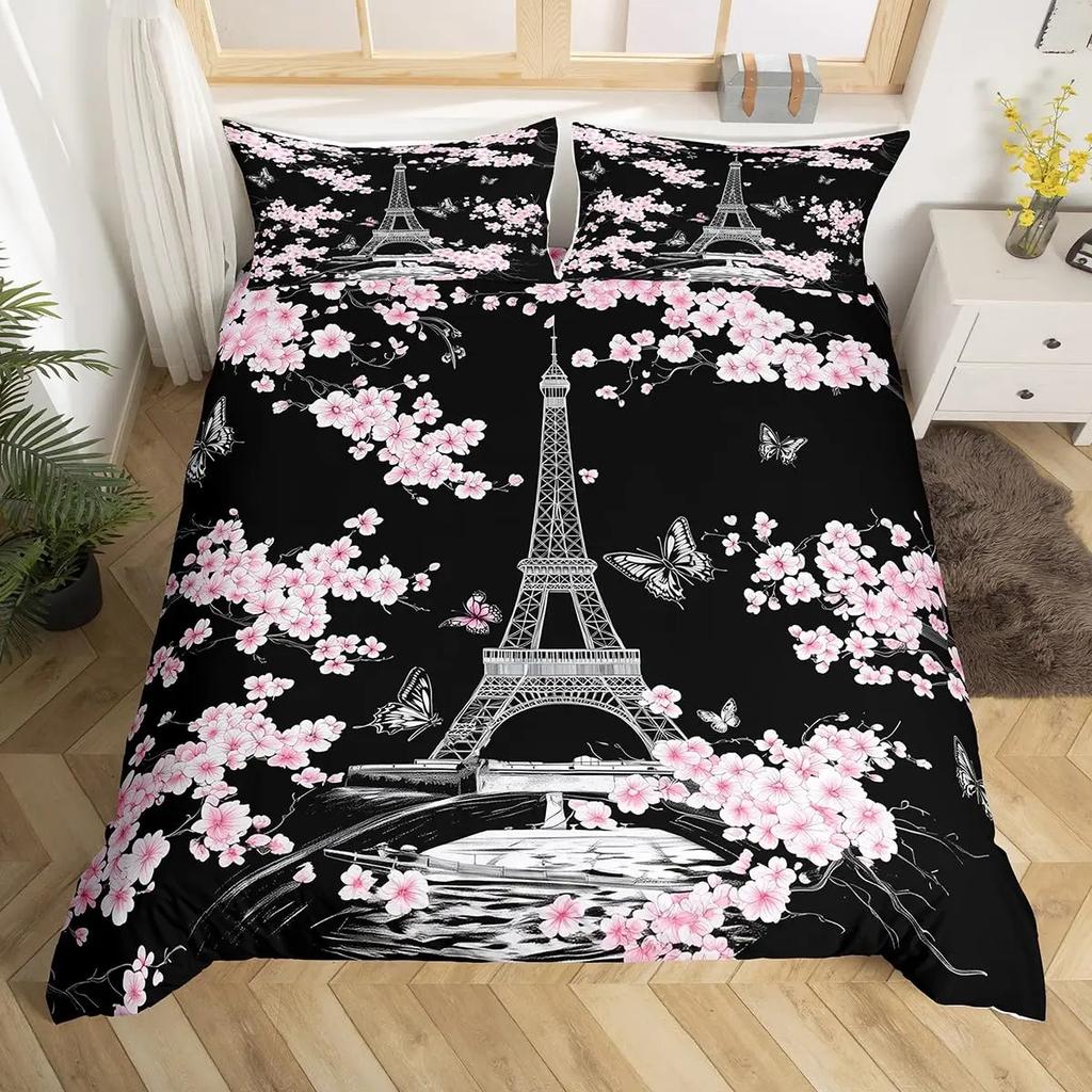 Eiffel Tower Bedding Set Twin Queen Pink Cherry Blossom Duvet Cover Romantic Theme Butterfly Print Comforter Cover for Girl Boys