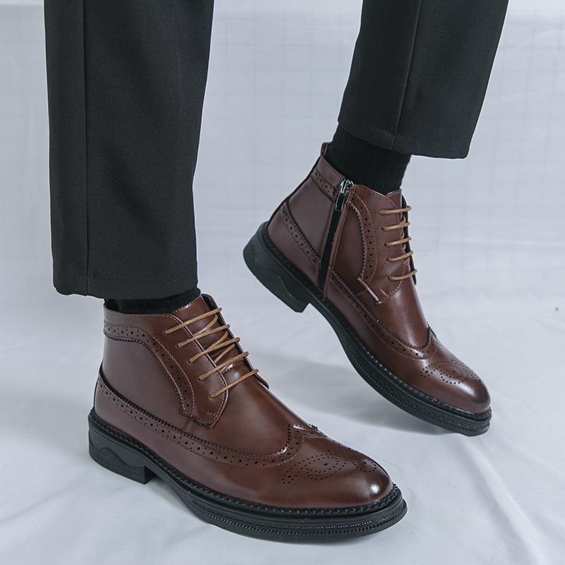 Brogue Martin Men's Autumn Pointed Toe High-Top Leather Chelsea Boots - European & American Mid-Calf Style