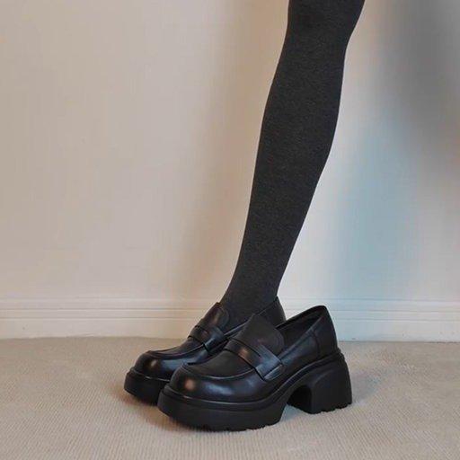 Sheepskin version~ Leather platform muffin one-pedal loafers women's retro British black versatile small leather shoes single shoes