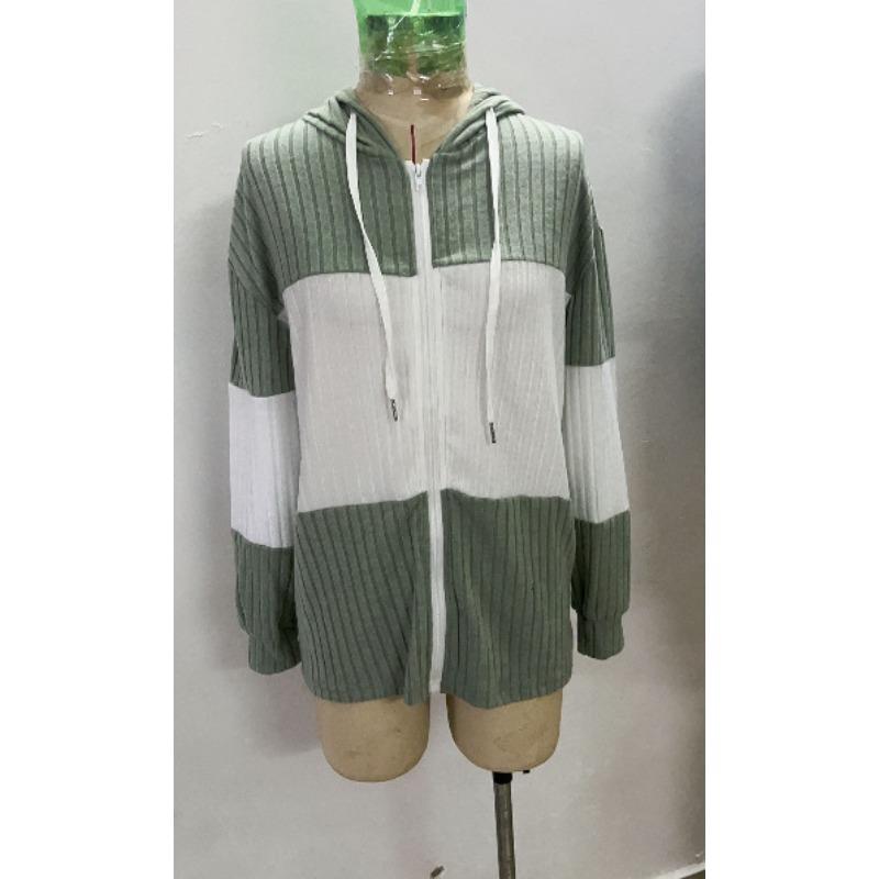 Women Rib Knit Zipper Drawstring Hooded Long Sleeve Casual Sweatshirt