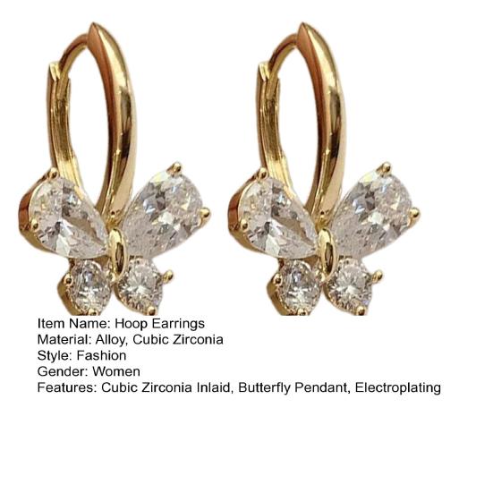 Yousheng 1 Pair Hoop Earrings Shiny Cubic Zirconia Temperament Geometric Electroplating Decorative Gifts Women Butterfly Pendant Earrings Fashion