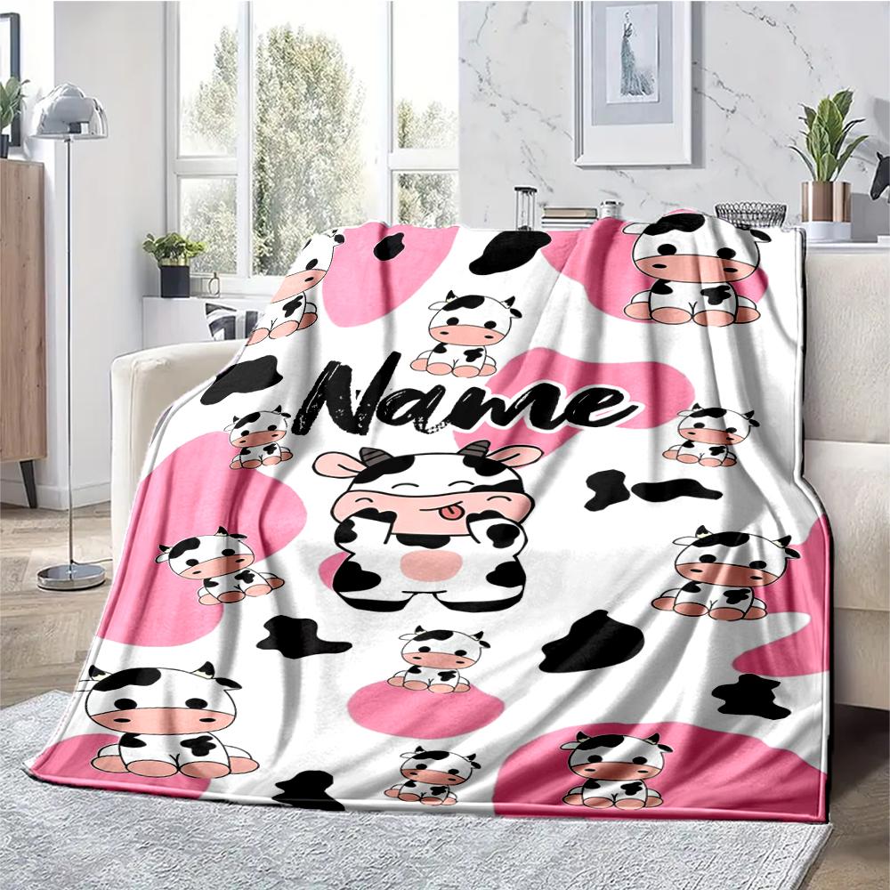 Custom Name Cow Theme Printed Blanket - Perfect for Couch, Bed, Travel & Outdoor Use | Machine Washable, Cozy & Durable.