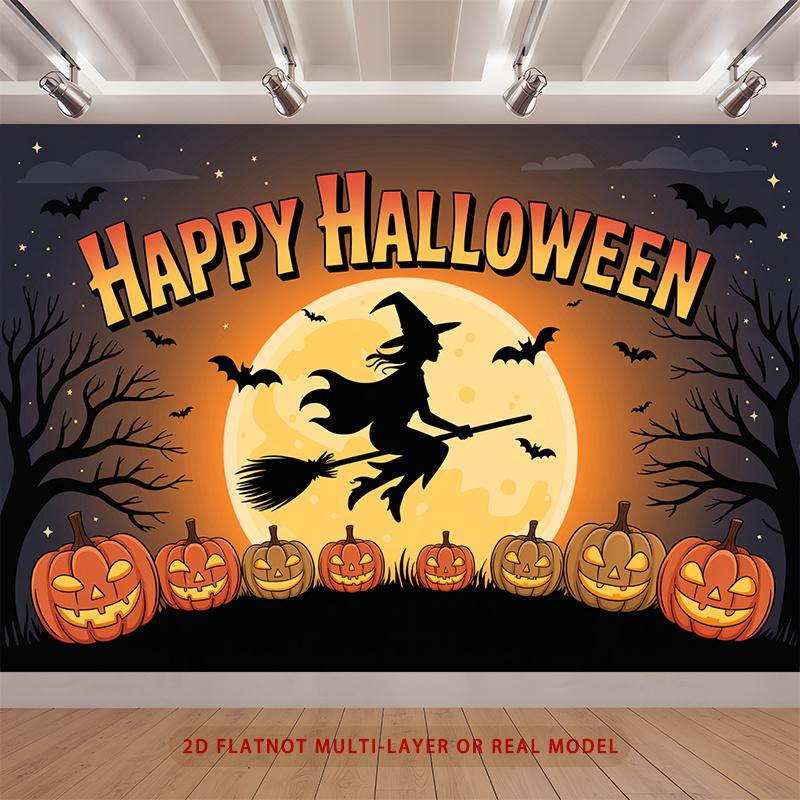 Party Backdrop Halloween Flat Witch Silhouette Pumpkins Multi Layered Celebrations Photo Booth Decor Front Door Decor