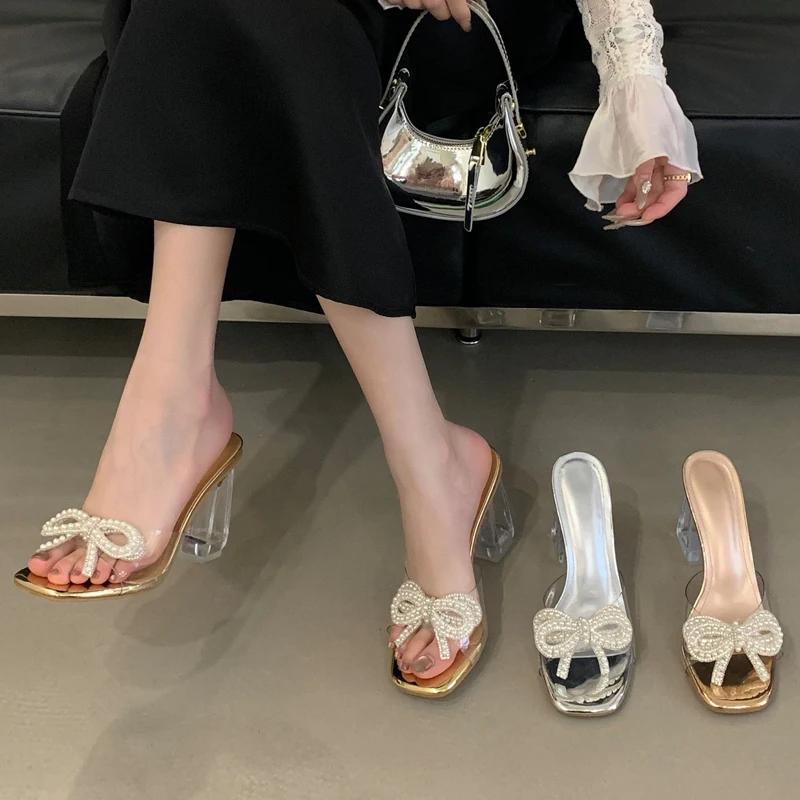 Fashion Eilyken New Fashion Butterfly-knot PVC Transparen Peep Toe CRYSTAL High Heels Women's Sandals Summer Banquet Slide Shoes