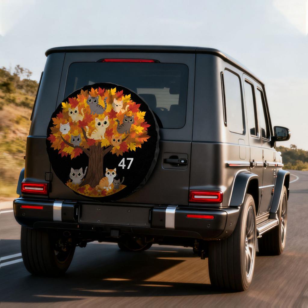 Black Background Cartoon Cat Autumn Tree Pattern Tire Cover, Polyester Printed Spare Tire Cover, Universal Fit For RV, SUV, Truc