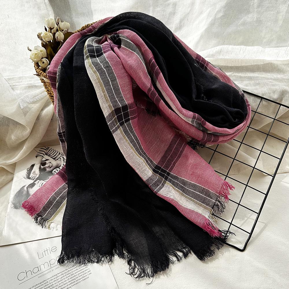 Autumn Plaid Double-Layer Linen Scarf for Women - Retro Cotton British Style Shawl