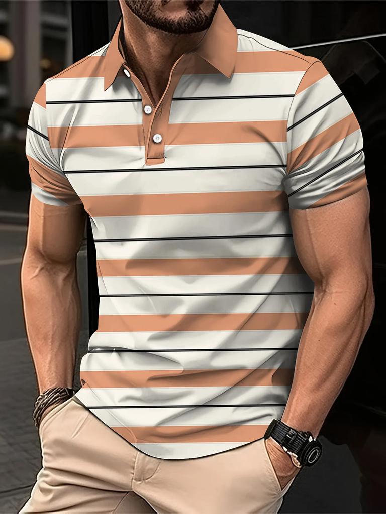 Men's Summer Short Clothes Sleeved Lapel 3D Digital Printed Striped Polo Shirt Men's Fashion Business Casual Top Clothes