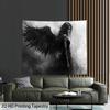 Dark Angel Tapestry, Woman with Black Wings in Monochrome, Gothic Fantasy Wall Hanging for Bedroom Living Room Decor