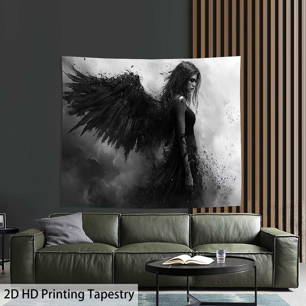 Dark Angel Tapestry, Woman with Black Wings in Monochrome, Gothic Fantasy Wall Hanging for Bedroom Living Room Decor