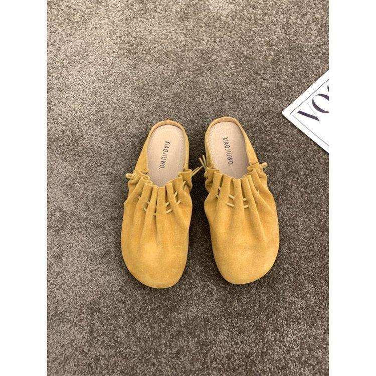 [Youshilai] Retro pleated gentle baotou half slippers women's 2025 spring new outer wear thick bottom one pedal