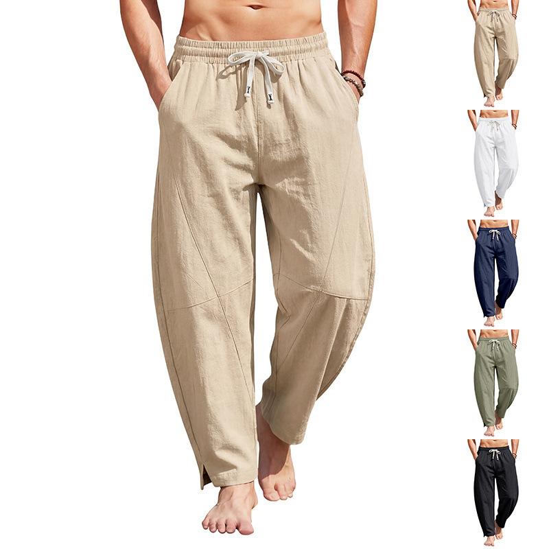 Mens Summer Casual Loose Solid Linen Blend Drawstring Long Pants