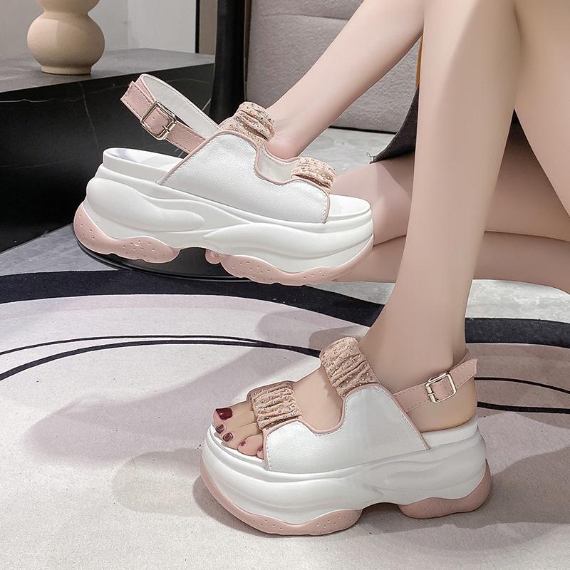 Sandală groasă la modă de 8 cm Femei 2024 Vară Cristal strălucitor Plajă în aer liber Sandale cu platformă Femeie Modă Pliată Fund gros Sandalias