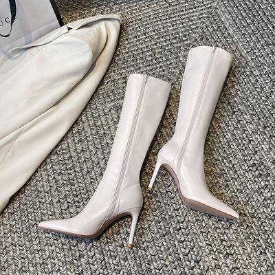 Black Winter Knee High Shaft Heels Pointed Toe Women's Boots Leather Footwear Elegant Heeled Shoes for Woman Long Spring Pu