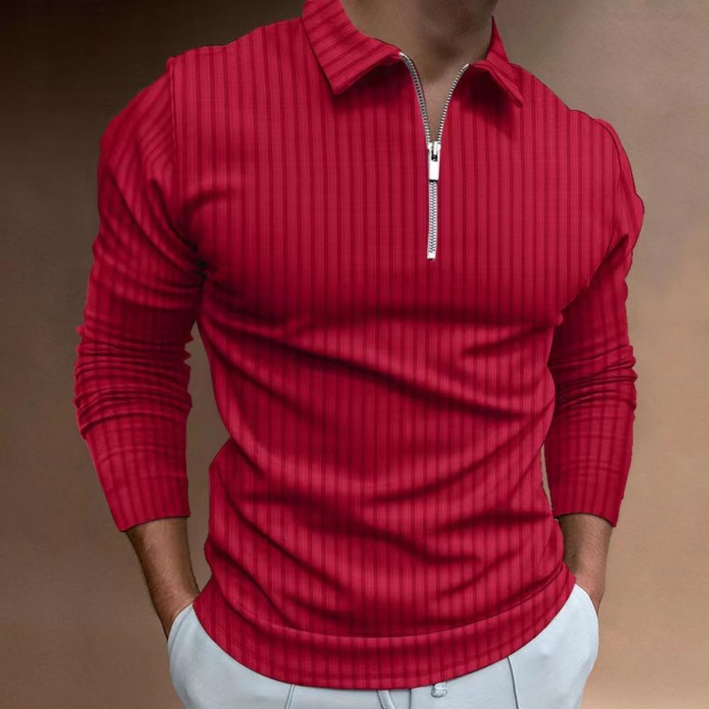 Zipper Striped Long Sleeved Men's Polo Shirt