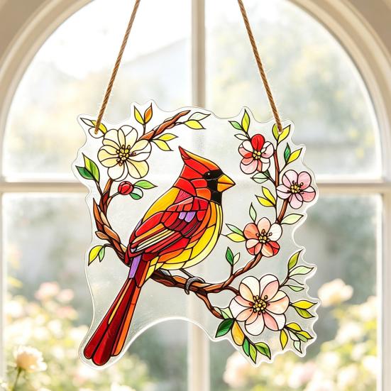 Durable Wall Hanging 1/2Pcs Acrylic Red Bird Decoration, Standing on Flower Ornament Branch Ornament, Indoor Outdoor Window