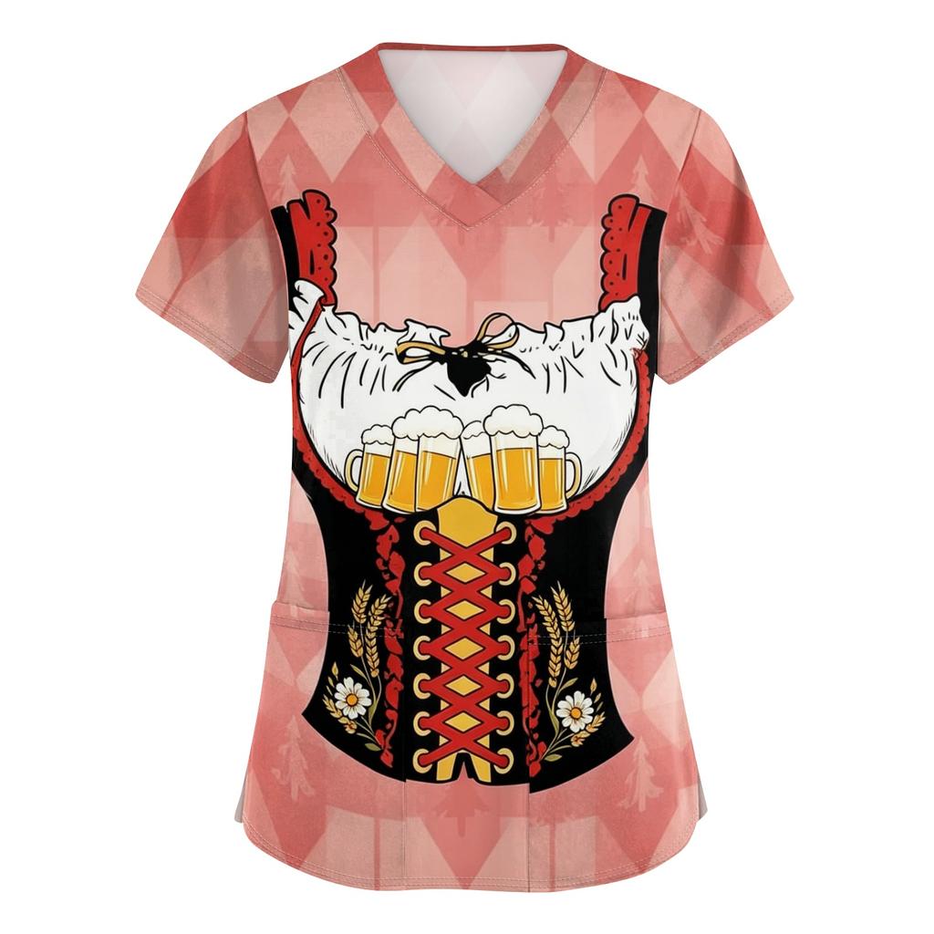 Women V Neck Short Sleeve Work Shirt with Pockets Oktoberfest Print Nursing Scrub Top Comfortable Fit Lightweight Fabric