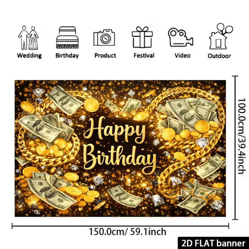 2D Money Birthday Backdrop Black Gold Cash and Confetti Party Background