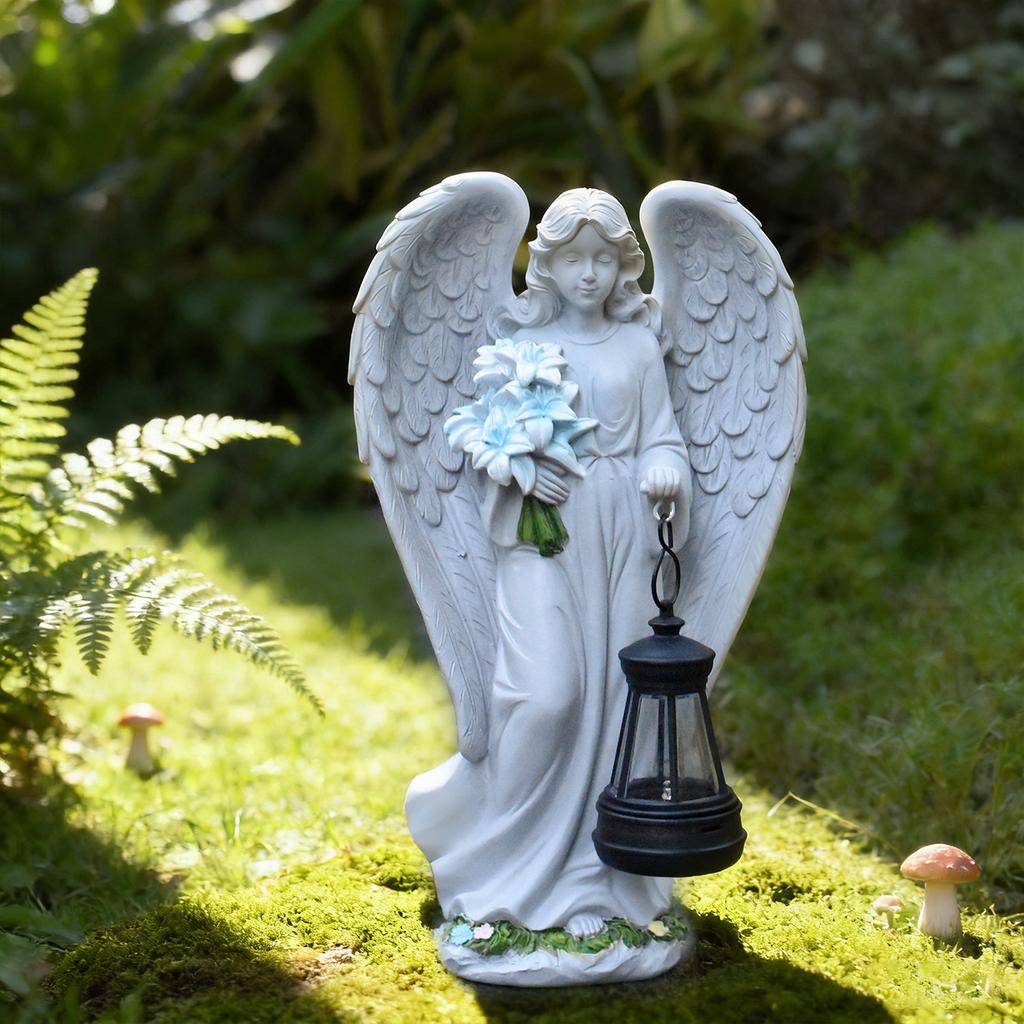 JYL TS/035,Resin Angel Carrying Blue Flower Lantern Solar Outdoor Light for Garden Figure Statue Decor