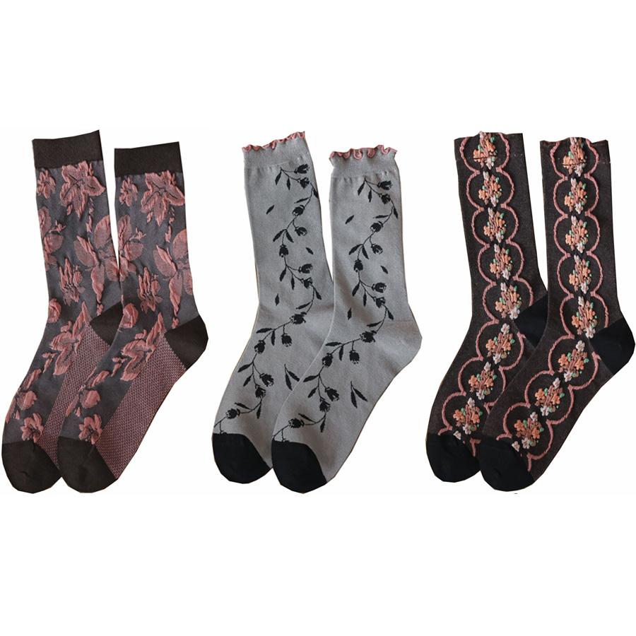 3 Pair Korean Style Women Socks Fashion Flower Printing Autumn Winter Middle Tube Lady Socks Set Soft Comfortable Socks Woman