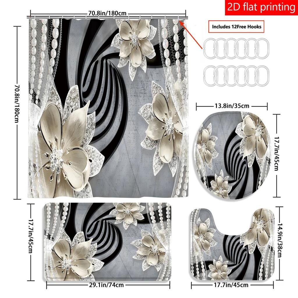4pcs diamond flower shower curtain decoration, a beautiful housewarming gift for modern home decoration, a waterproof shower cur