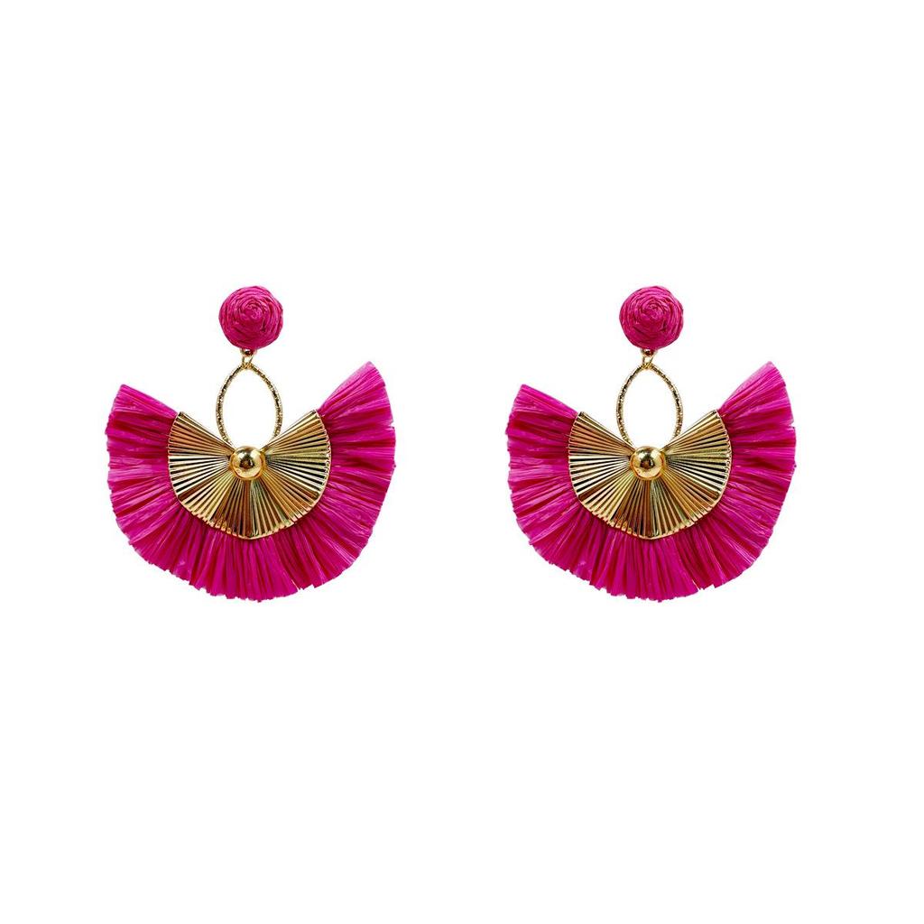 Bohemian Fan-shaped Tassel Earrings: Retro Handmade Raffia Studs for Women