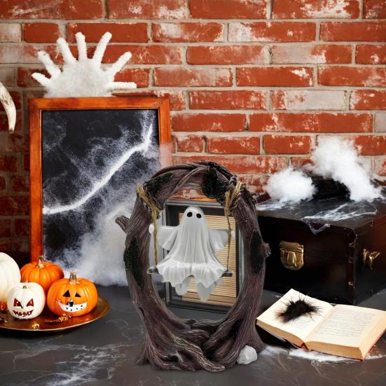 Halloween Ghost on Tree Swing Figurine Swinging Cartoon Ghost Statue Ornament Home Office Garden Patio Lawn Bookshelf Desktop Decoration