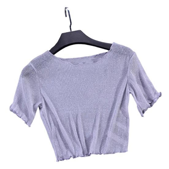 O-Ausschnitt Kurzarm Sheer Trim Crop Top Frauen See-through Glitter Mesh T-Shirt Streetwear