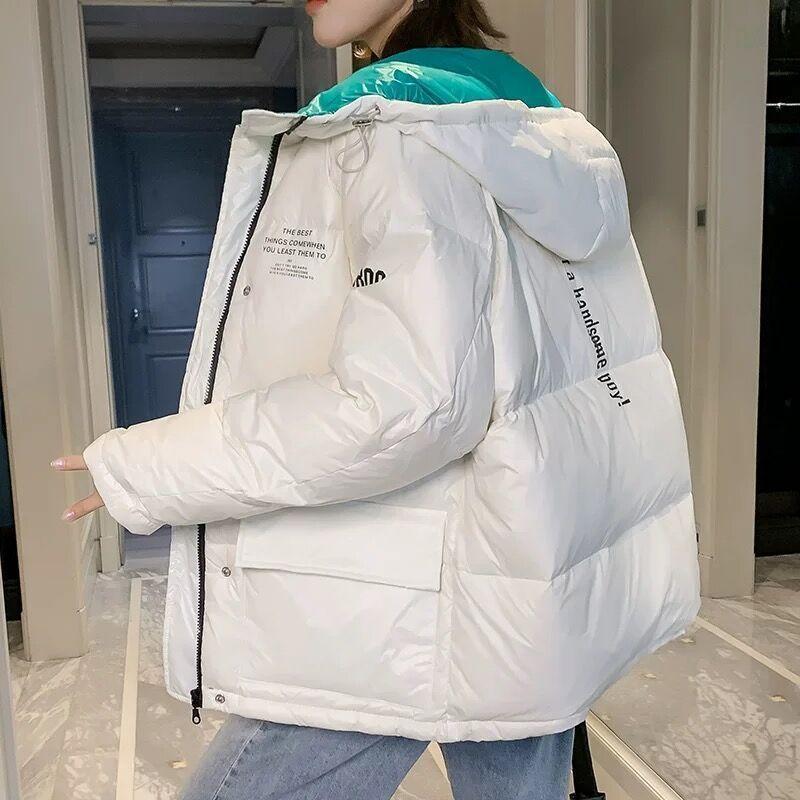 Winter Loose Hooded Parkas Women Thicken Warm Women Winter Jacket Female Letter Print Pocket Cotton Padded Jacket Women