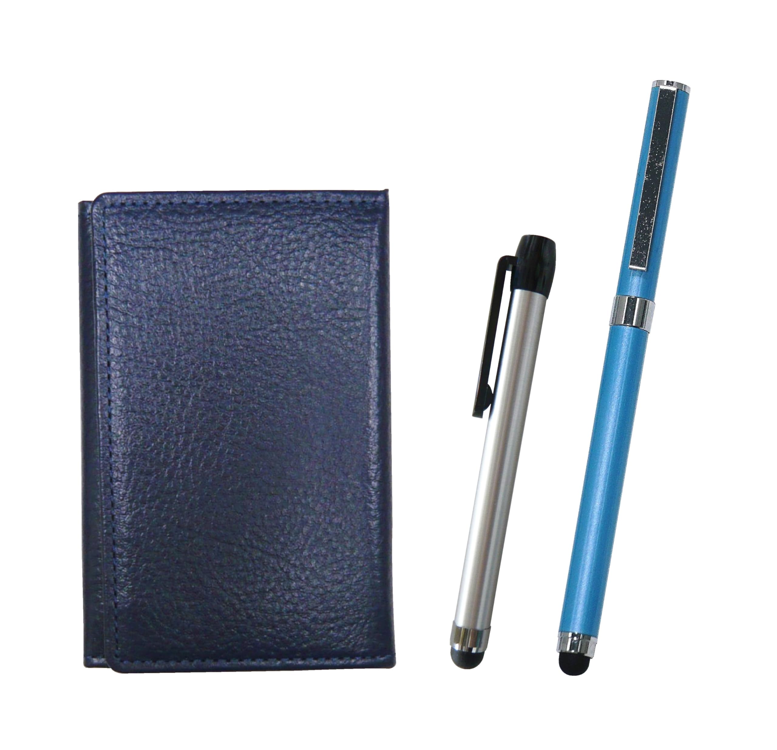 

Синий зернистый кожаный визитник с дополнительным набором металлической ручки с сенсорным наконечником серебристого цвета и шариковой ручки с металлическим колпачком для сенсорного экрана смартфона (синий