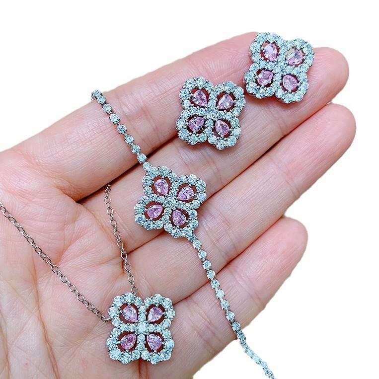 Jewelry Set Simulation Yellow Diamond Necklace Temperament Bracelet Zircon Pink Diamond Stud Earrings