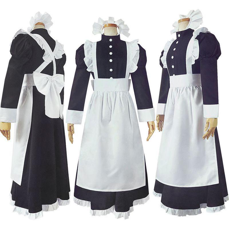 Style Long British Maid Outfit Men Women Lace Cosplay Dress Halloween Costume