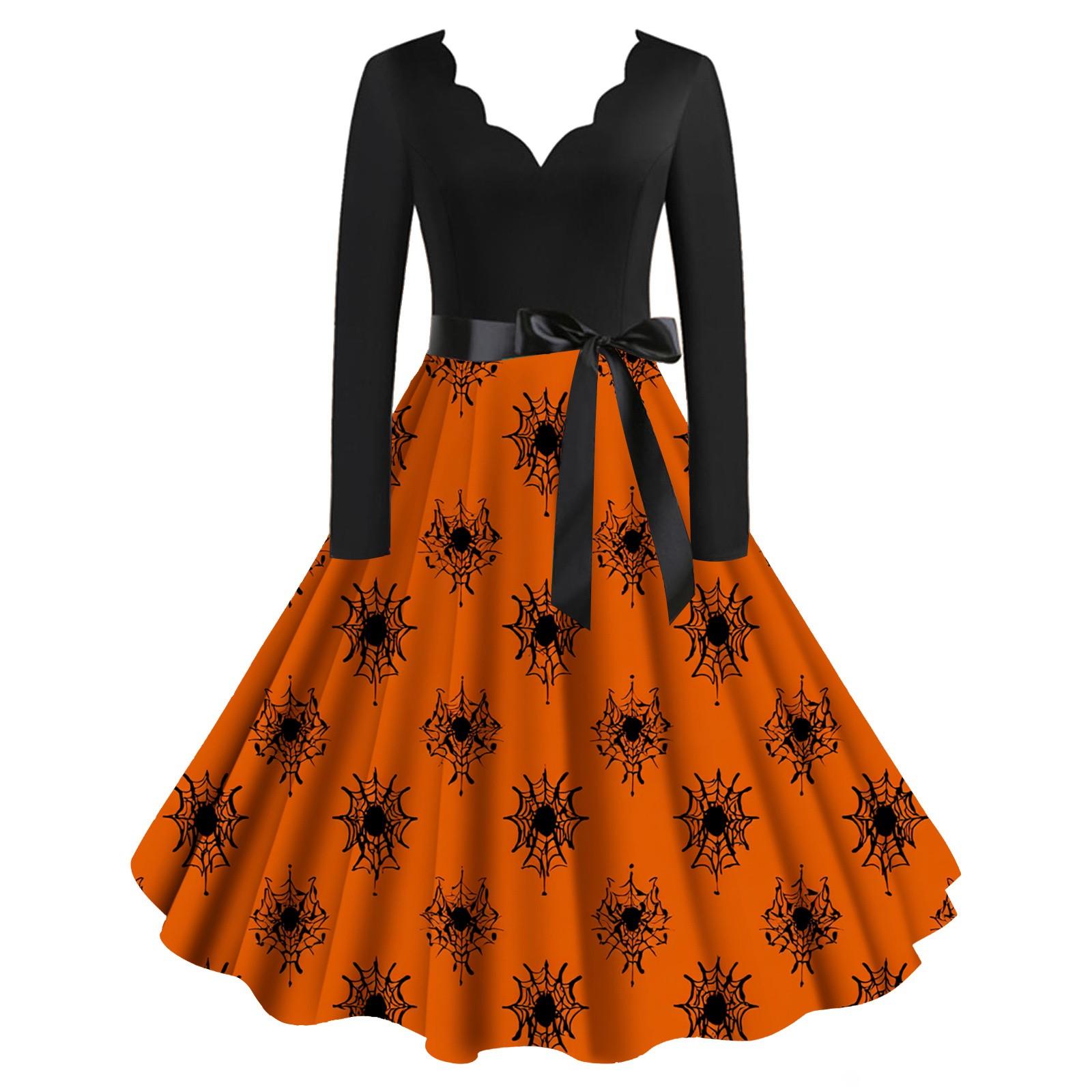 

Расклешенное платье с принтом Хэллоуина для женщин Платье с длинным рукавом Повседневные платья L оранжевый
