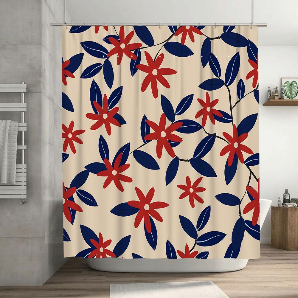 Modern Decorative Shower Curtain with Blue Red Floral Print for Bathroom Waterproof Fabric Various Sizes Available on