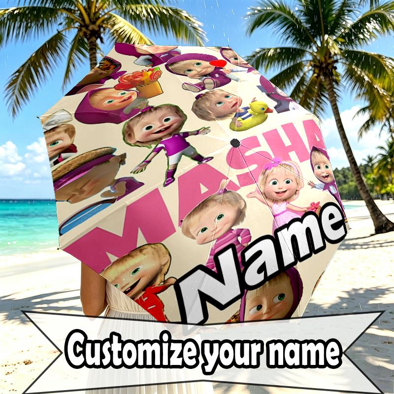 Custom Name Personalized Masha and The Bear Print Umbrella, Auto Open Close, 8‑Rib Sturdy Frame, Commute Camping Hiking Use, Birthday Gift