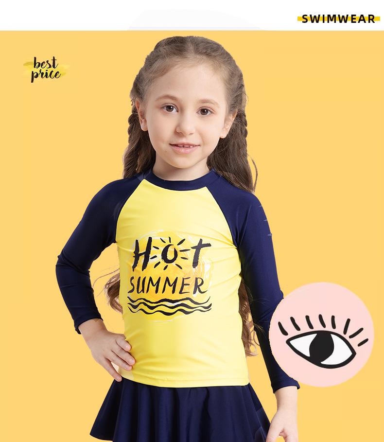 Girls' Long-Sleeved Split Swimsuit with Letter Print & Short Skirt - 2025 Collection
