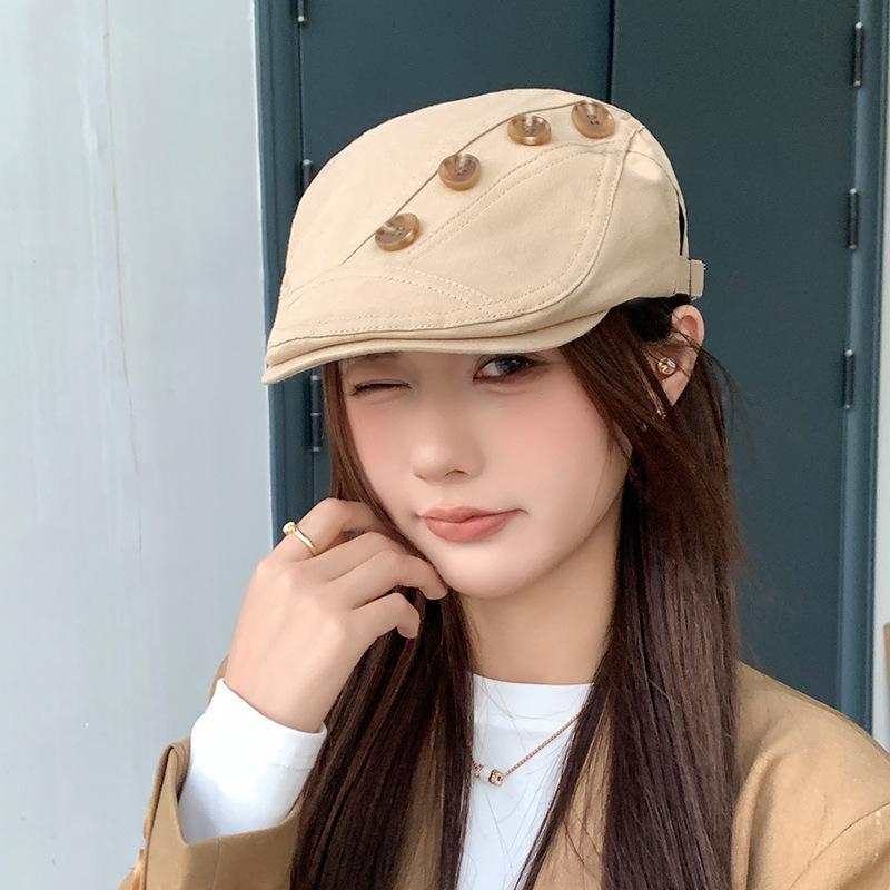 Korean Style Retro Button forward Hat for Women Autumn and Winter Literary Duck Bill Painter Hat Personality Casual Versatile Face Showing Beret