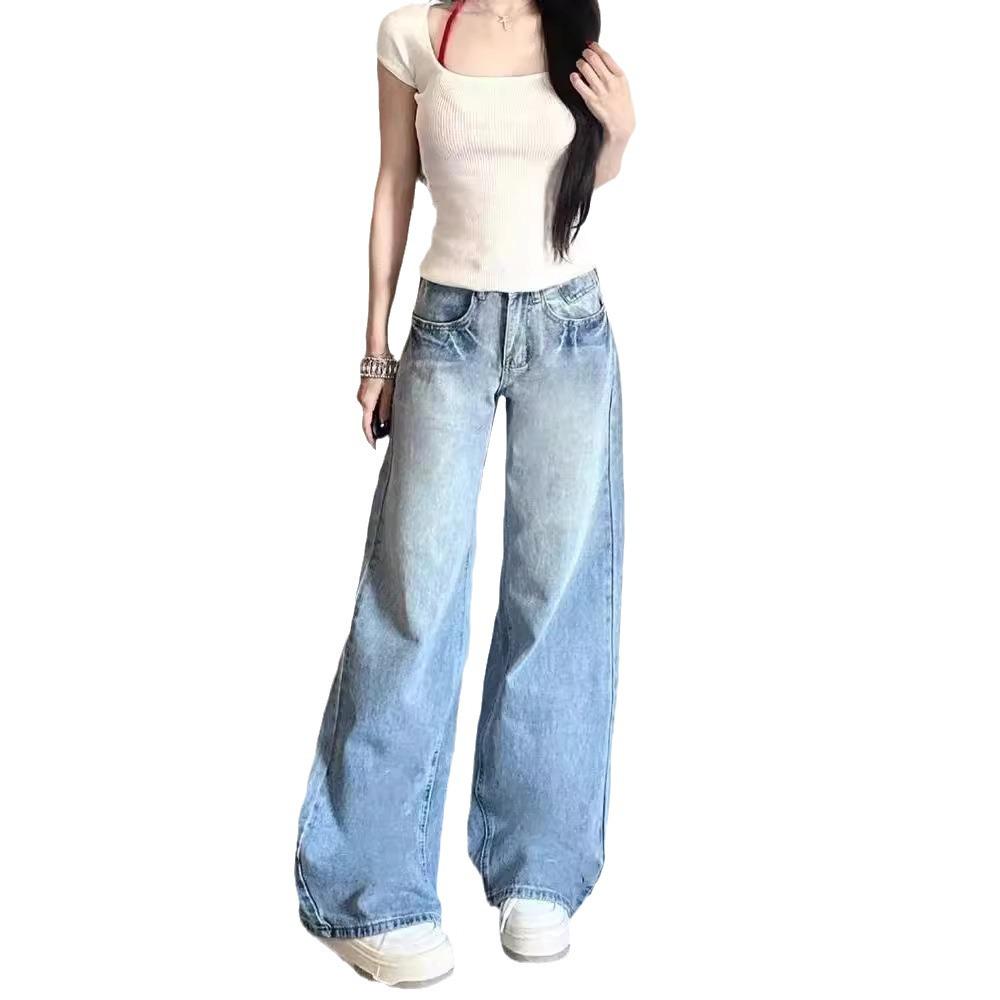 Dámské džíny širokých nohavic slim střihu: Nové americké volné rovné nohavice ke kotníkům pro jaro a podzim