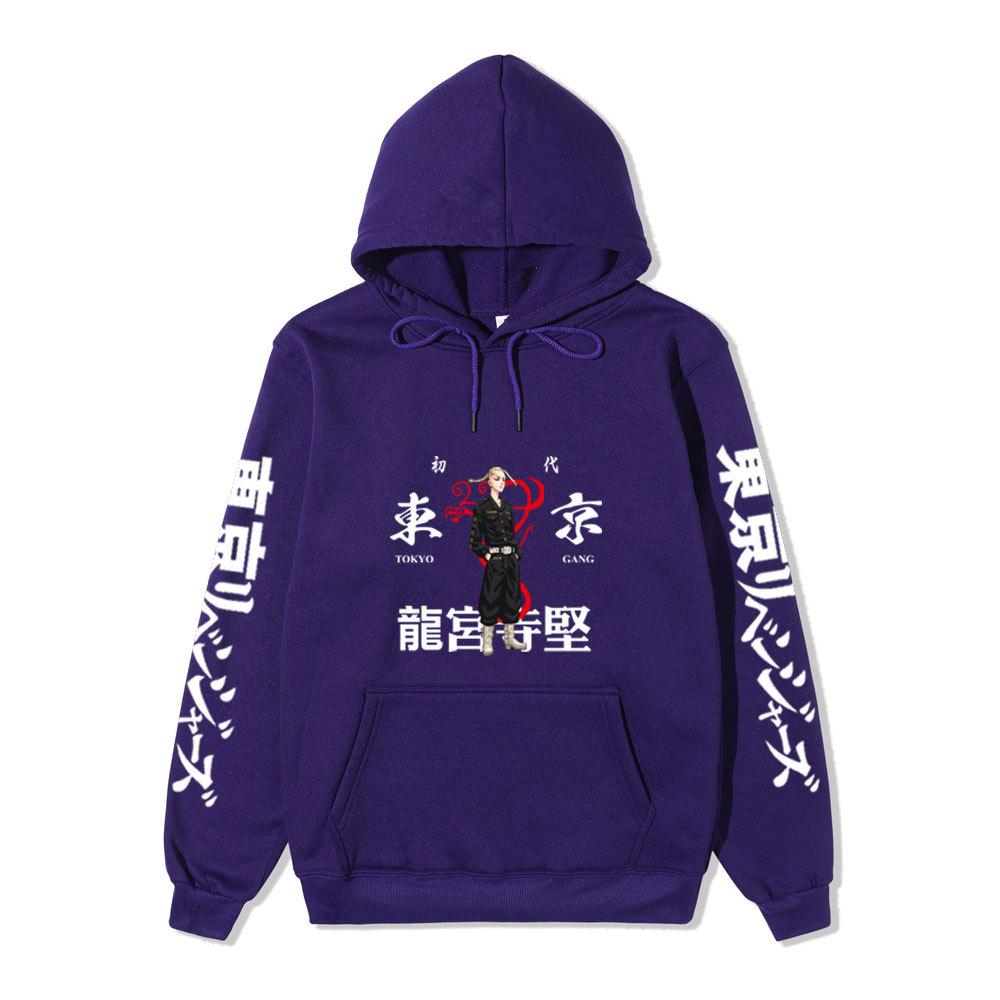 Tokyo Revengers Hoodie with Ryuguji Ken Print, Long Sleeve Pullover Sweatshirt, Anime Street Casual Unisex Sweatshirt with Japanese Text Sleeves