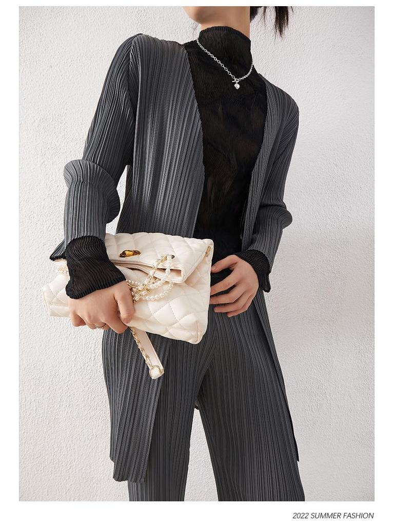 2024 Frühling Damen Midilanger Miyake Zahnstocher Cardigan - Langärmelig, Lässige lockere Passform, Plissierte Oberbekleidung