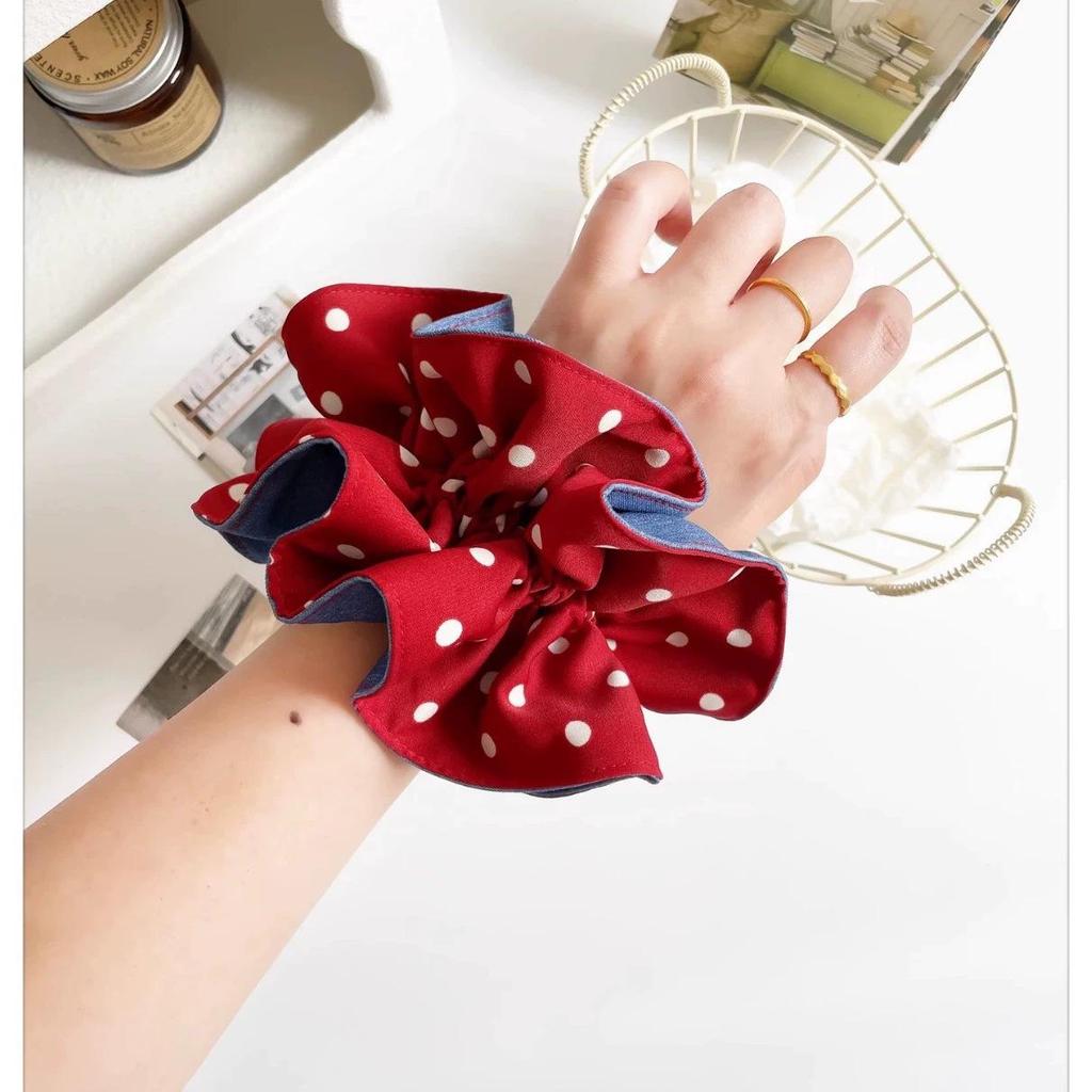 Korean Style Double-Layer Polka Dot Denim Scrunchie Hair Tie