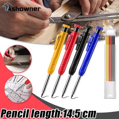 Solid Carpenter Pencil Set With 7 Refill Leads Built-in Sharpener Deep Hole Mechanical Pencil Marker Set Woodworking Marker Tool