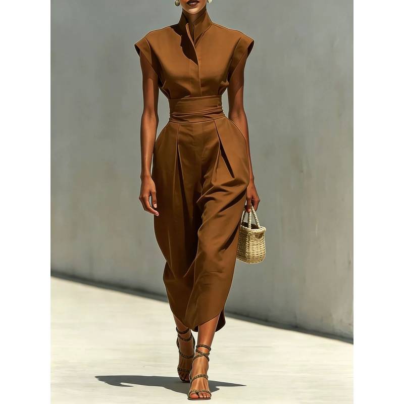 Summer High Waist Sleeveless Dress With Pleated Polyester Fabric For Office And Casual Wear