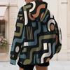 Women Plus Size Zip Up Hooded Sweatshirt Long Sleeve Abstract Geometric Print Drawstring Hood With Pockets