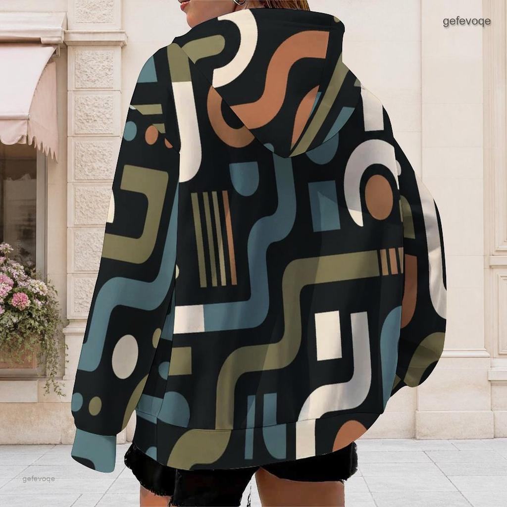 Women Plus Size Zip Up Hooded Sweatshirt Long Sleeve Abstract Geometric Print Drawstring Hood With Pockets