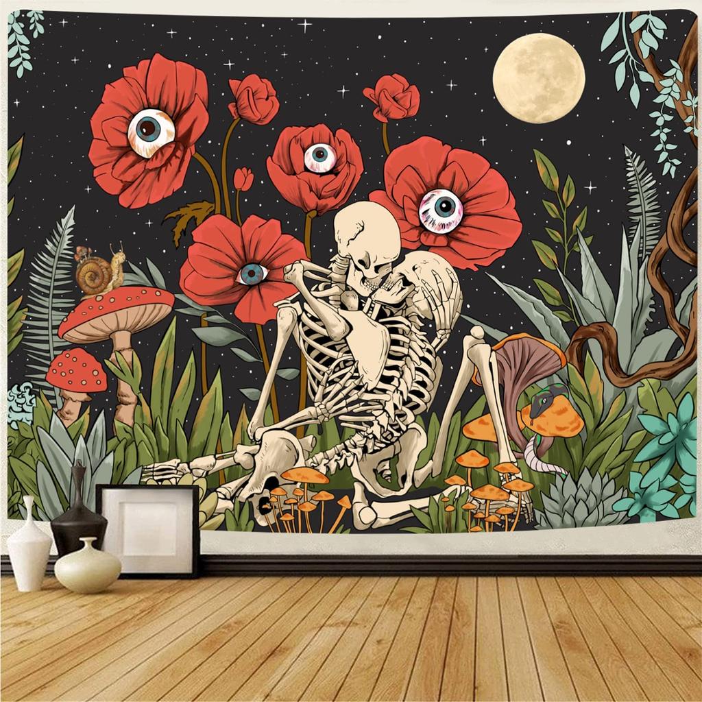 Skull Floral Tapestry Wall Haning Trippy Art Mushroom Skeleton Gothic Home Decor Garden Aesthetic Tapestries For Bedroom Blanket