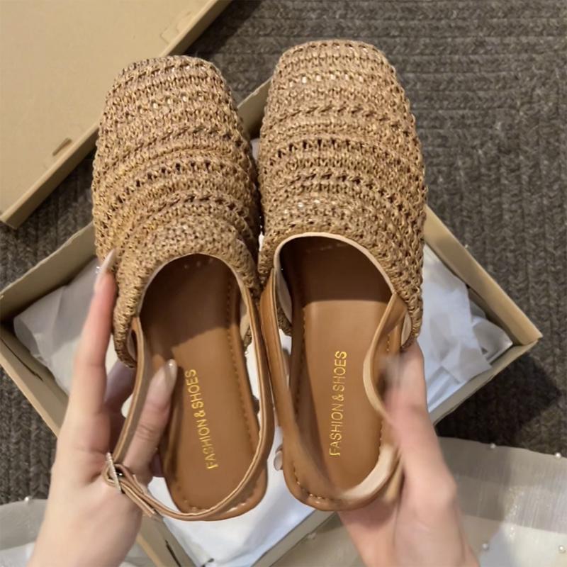 

Summer Cover Toe Weave Women Gladiator Flats Sandals Concise Slingback Party Dress Sandals Mule Shoes 40